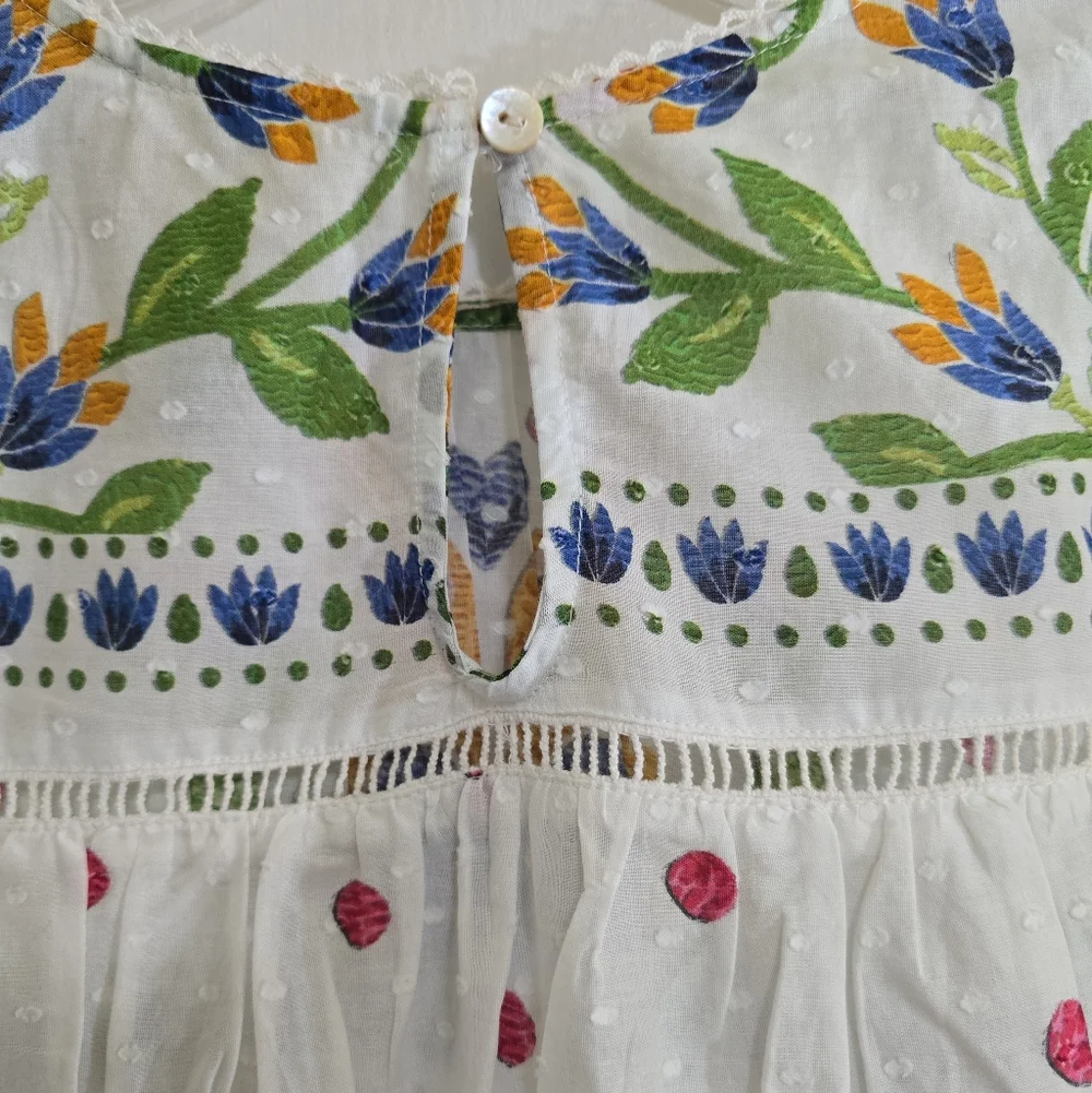 Farm Rio Summer Garden Clip Dot Printed Blouse Small Ruffle Sleeves Flowy Fit - Picture 11 of 11